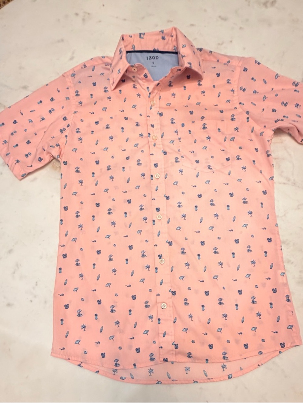 Izod Men’s Pink Short-Sleeve Button-Down with Navy Micro Motif Size Small NWOT